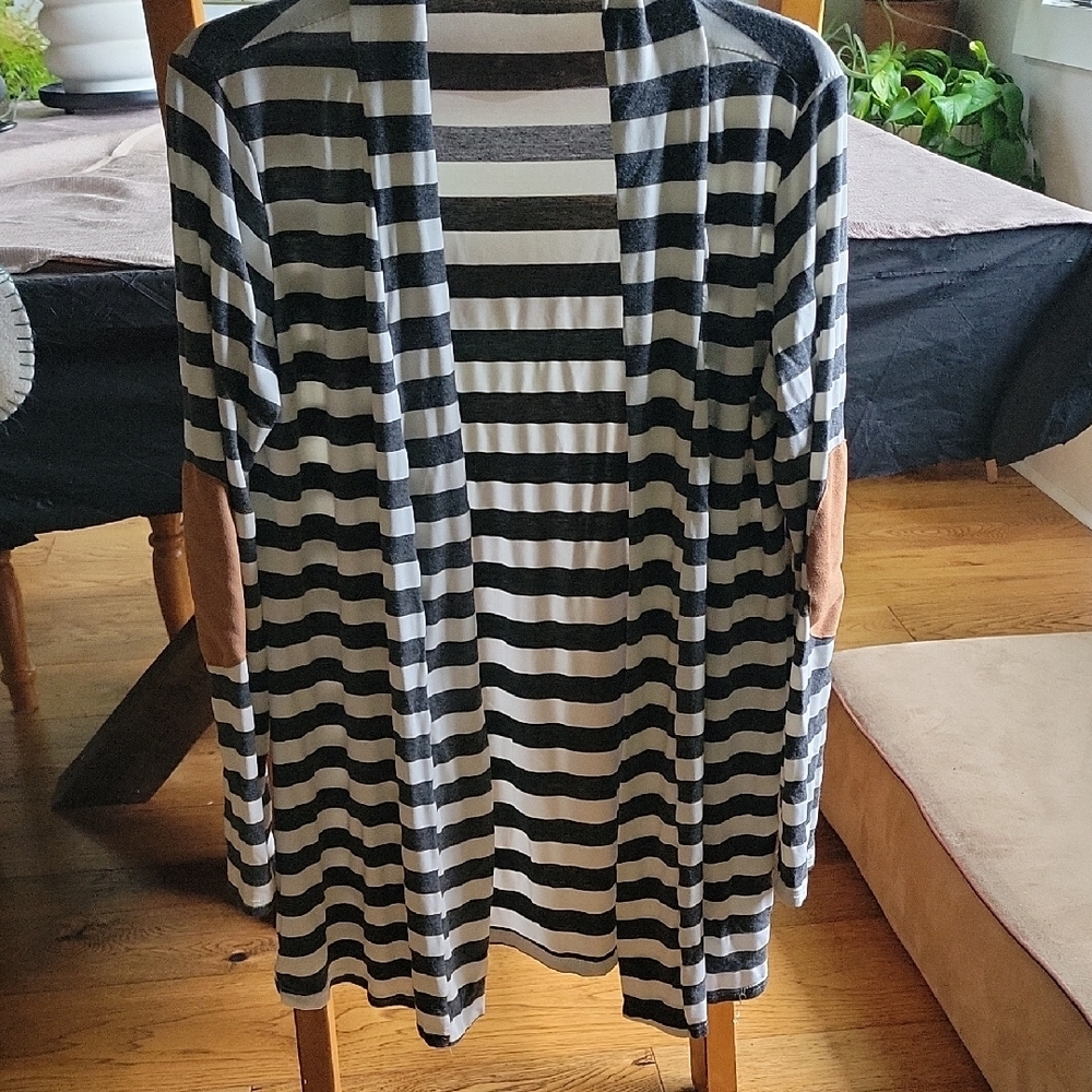 Black and White Striped Cardigan with Tan Elbow Patches